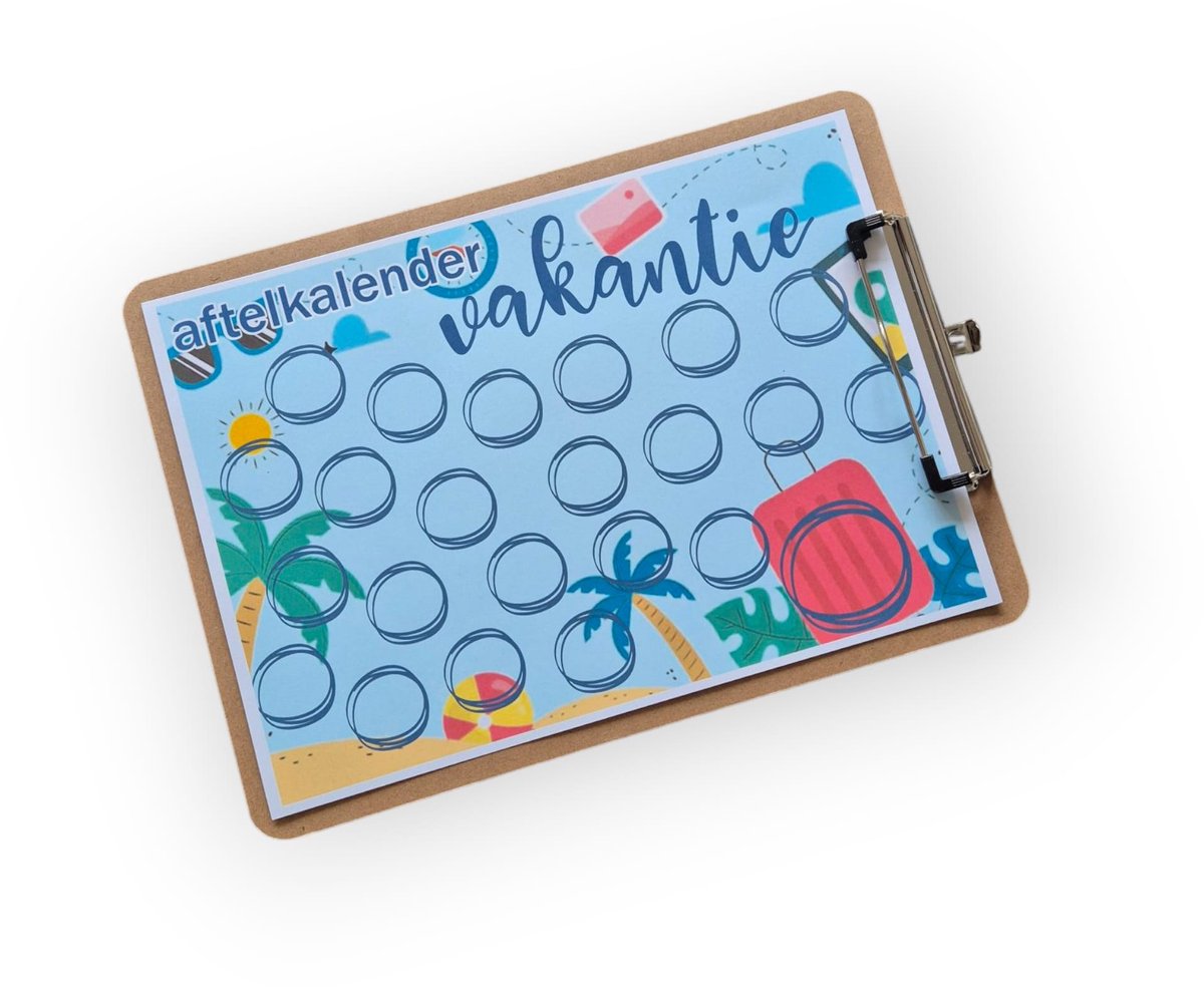 Troubadot | aftelkalender vakantie met stickervel | inclusief klembord | aftelkalender | sticker | vakantie | reizen | kind | A4 formaat